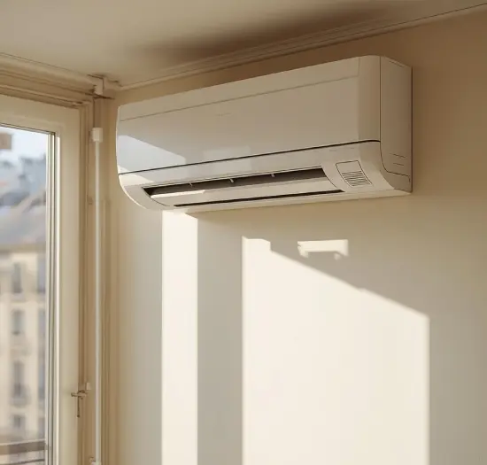 Unidad de aire acondicionado split instalada en la pared de un salón comedor moderno.
