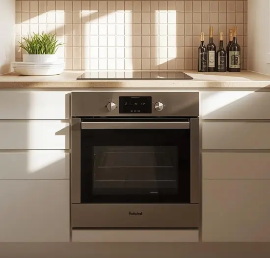 horno-electrico-encastrado-cocina Horno eléctrico encastrado en columna de cocina junto a armarios de diseño.