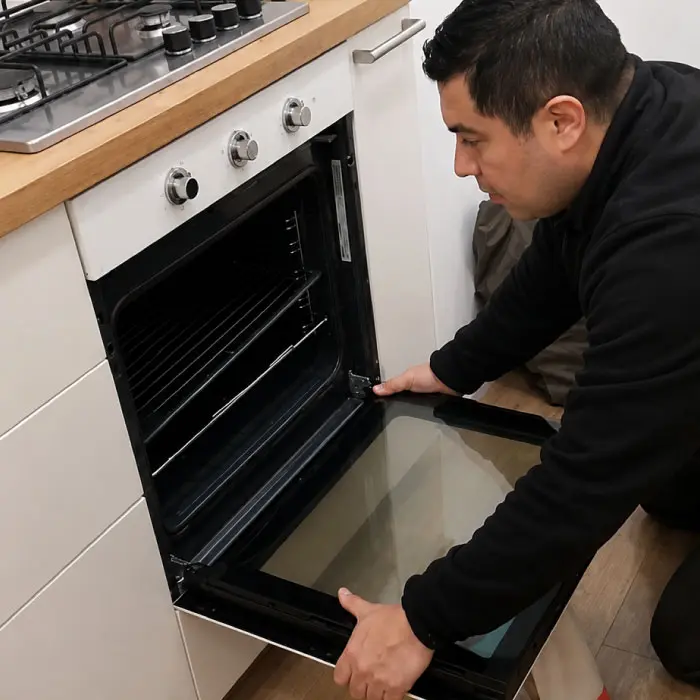 Técnico de Electro González desmontando un horno empotrado IKEA en Barcelona debido a un fallo en la cocción inferior.