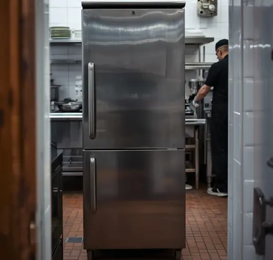 Armario frigorífico industrial de acero inoxidable en una cocina profesional de hostelería.
