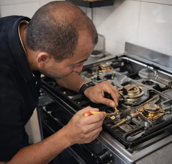 tecnico-cocinas-estufas-gas-barcelona Técnico autorizado revisando la seguridad y los quemadores de una cocina a gas doméstica.